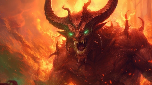 demônio maligno com chifres no fogo do inferno