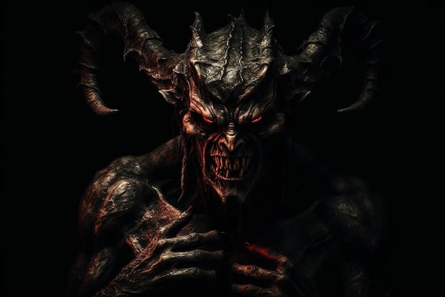 Demônio Negro com chifres e olhos de fogo vermelho Monstro de fantasia Cabeça do Demônio do Fogo Senhor do Inferno Generativo ai ilustração de demônio irritado em fundo preto