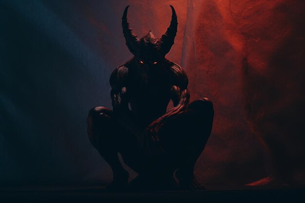 Foto un demonio sentado en un fondo oscuro con luces rojas y azules