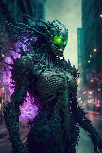 Demônio tecnológico feito de lodo com uma armadura gigante feita de ectoplasma na rua de uma cidade cyberpunk Magnífica hipermetamorfose da ilustração do monstro