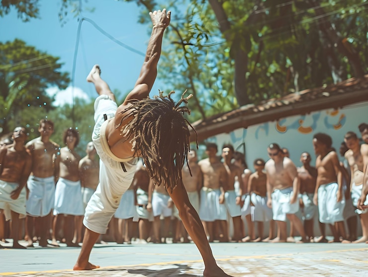 Foto demonstração de capoeira em um cenário tropical com participantes envolvidos em um círculo durante o dia