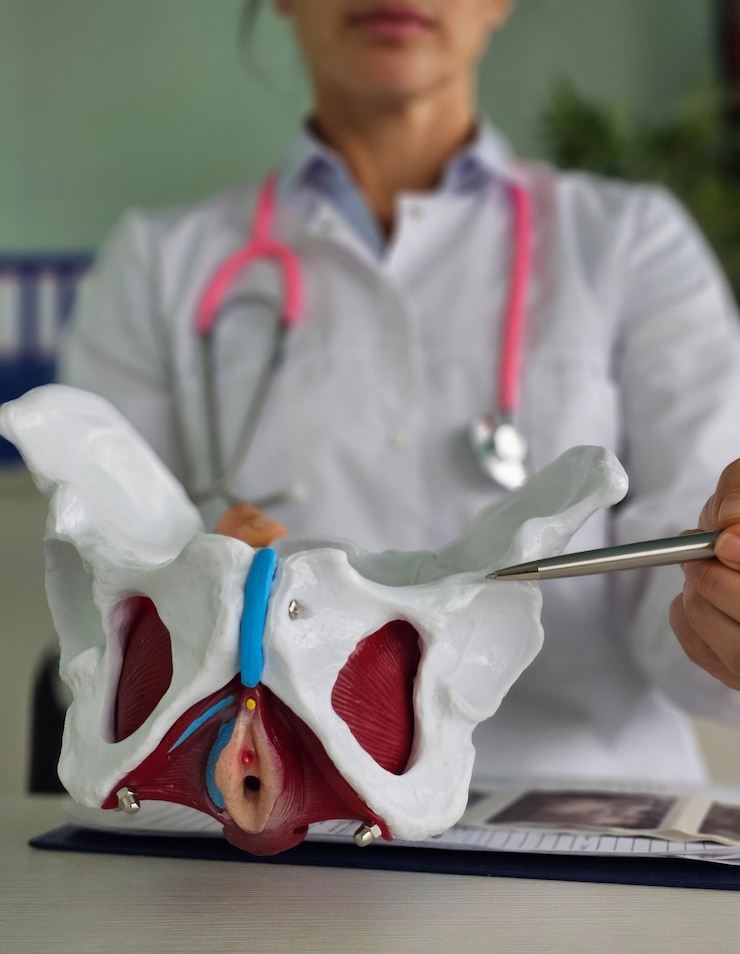 Foto demonstração de um modelo de anatomia pélvica por um profissional de saúde