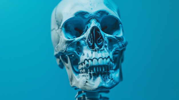 Demonstração educacional de um modelo de cabeça de esqueleto humano destacando a anatomia e a estrutura óssea em um fundo azul vibrante