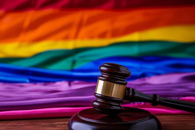 Demonstração simbólica de orgulho LGBT em sessão de tribunal com martelo