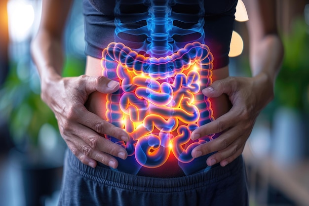 Demonstração visual do trato digestivo intestino estômago cólon pequeno duodeno ilustrando questões como doença dor e nutrição enfatizando a importância da saúde gastrointestinal