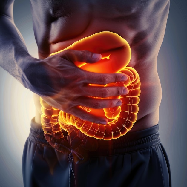 Demonstração visual do trato digestivo intestino estômago cólon pequeno duodeno ilustrando questões como doença dor e nutrição enfatizando a importância da saúde gastrointestinal