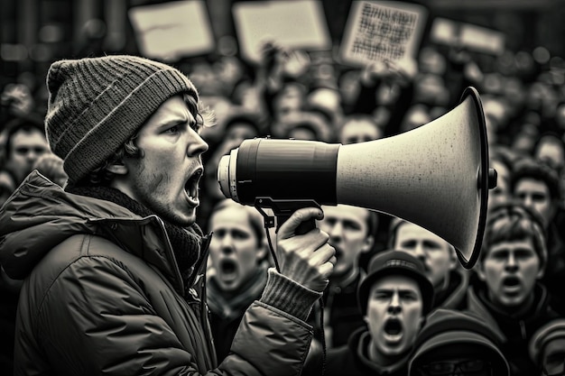 Demonstrant wendet sich mit Megaphon an die Menge der Unterstützer