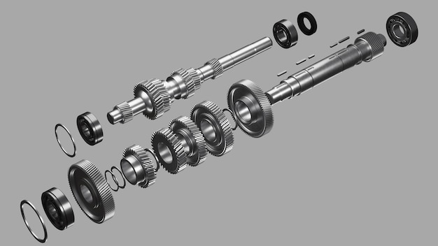 Demontierte Kfz-Getriebe Lager Wellen und Zahnräder 3D-Darstellung von Details auf einem Weiß