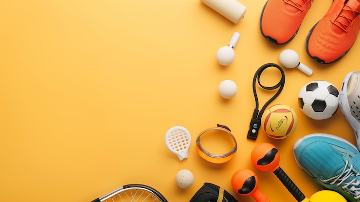 Foto demostración de equipos deportivos en un fondo de color plano para practicar deportes y realizar curaciones