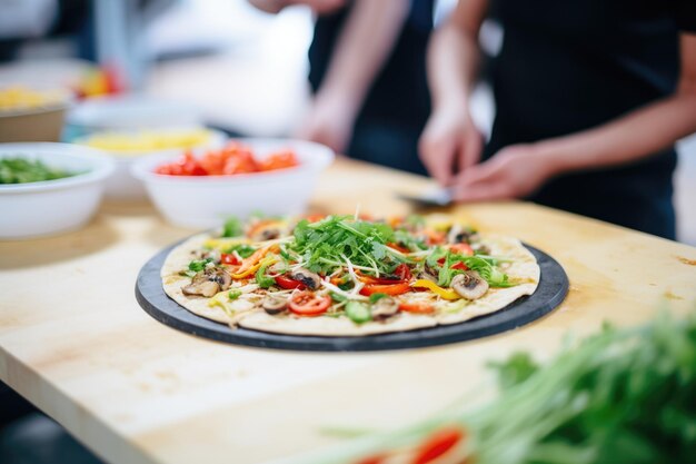 Demostración de hacer pizza vegana con ingredientes vegetales