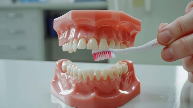 Demostración de modelo dental con un cepillo de dientes para mostrar la técnica correcta de cepillado