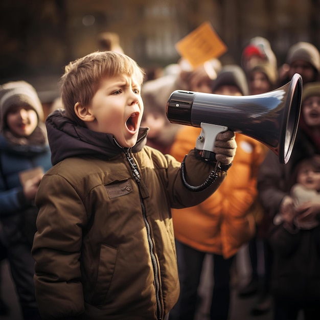 Demostración de un niño con un megáfono