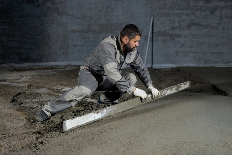 Den Boden von Bauarbeitern mit Beton, Estrich und Nivellierboden füllen
