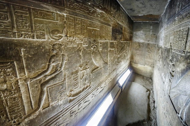 DENDERA TEMPLE Hathor, QENA, EGIPTO - 05 de diciembre de 2018: imágenes antiguas en las paredes de la sala subterránea.