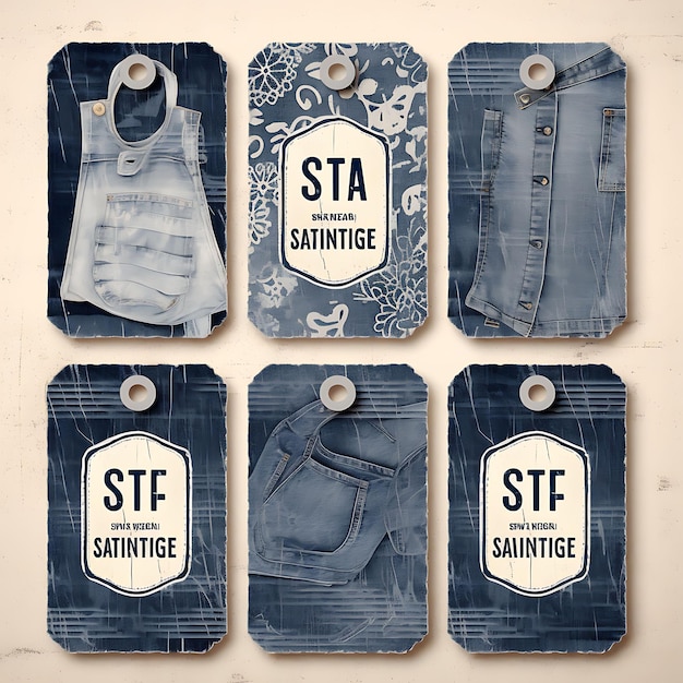 Denim-Mode-Tag-Karte, robuster Denim-Stoff, Distressed Typogr, 2D-Vektor-Design-Sammlungskarte, flach