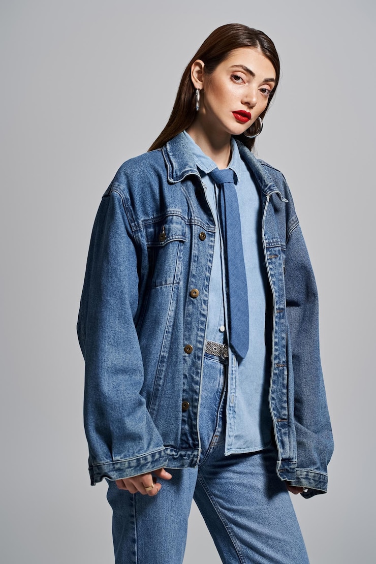 Foto denim sonho mulher elegante em casaco e jeans