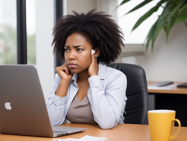 Denkende Afrikanerin sitzt im Büro