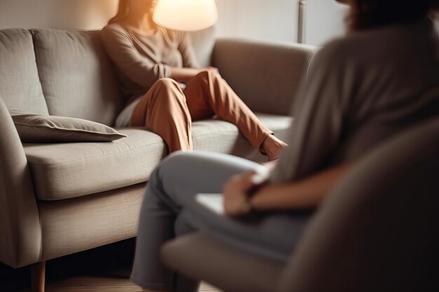 Denkende Psychologin-Therapie und Frau in Beratung für psychische Gesundheit auf dem Sofa