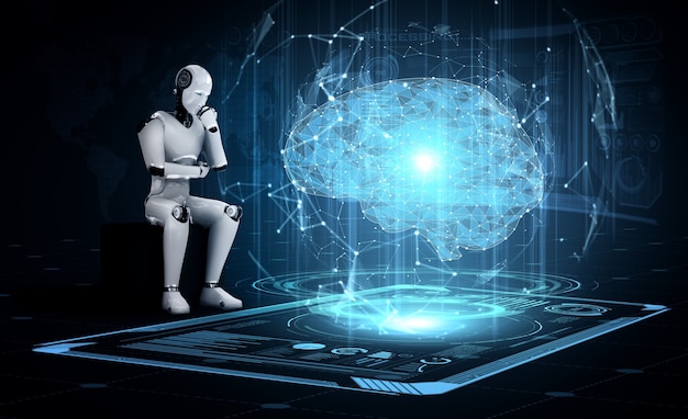 Denkender KI-humanoider Roboter, der den Hologrammbildschirm analysiert, der das Konzept der KI zeigt