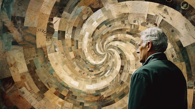 Denkender Mensch vor Spirale Collage zeitgenössischer Kunst Digitale Collage