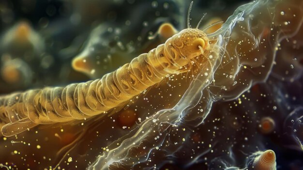 En una densa cantidad de partículas de suelo se puede ver un ágil nematodo usando su cabeza puntiaguda para navegar