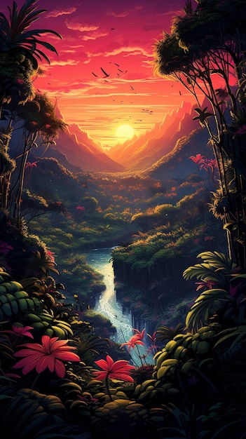 densa floresta tropical com estética synthwave vista de um ponto de vista panorâmico
