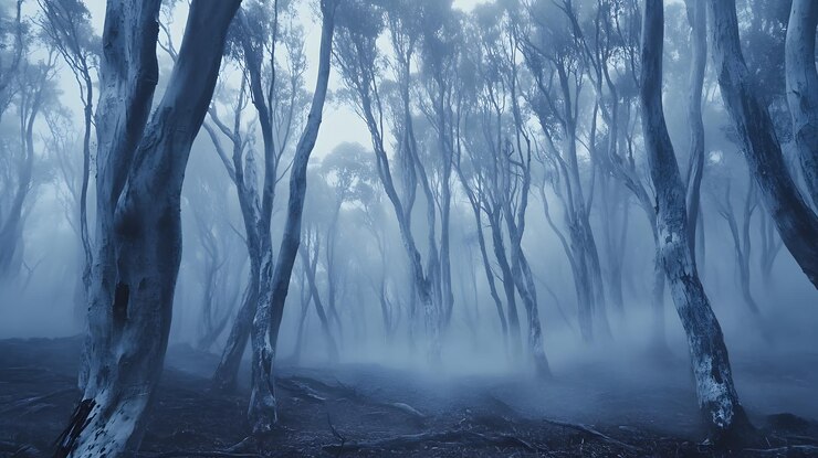 Una densa niebla envuelve un bosque misterioso