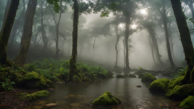 Foto una densa niebla rodando a través de un misterioso bosque antiguo