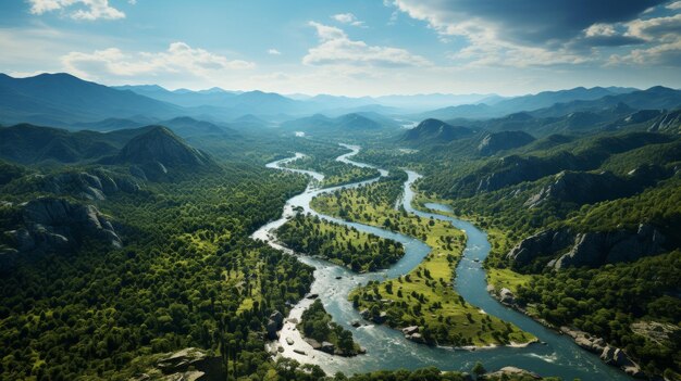 La densa selva tropical desde arriba, el dosel de los árboles, los ríos serpenteantes que muestran la belleza natural.