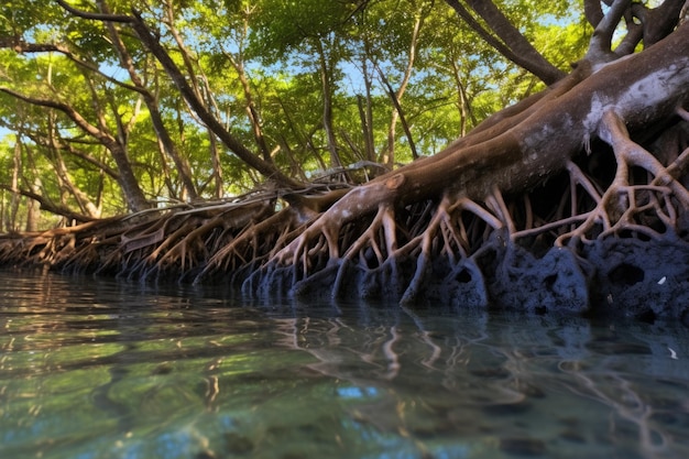 Densas raízes de manguezais cobrem a costa