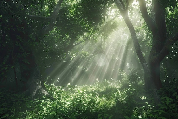 Un denso bosque con la luz del sol fluyendo a través de las ramas