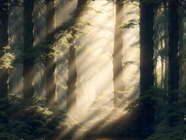 Un denso bosque de niebla con la luz del sol filtrando a través de los árboles altísimos generados ai
