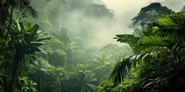 Un denso bosque verde con abundantes árboles