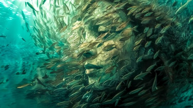 Un denso grupo de peces crea un patrón hipnotizante en las profundidades turbias