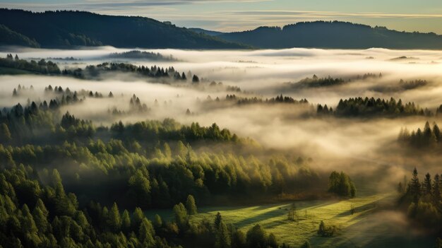 Denso paisaje forestal con niebla