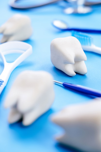 Dentalmodell und zahnärztliche Ausrüstung auf blau
