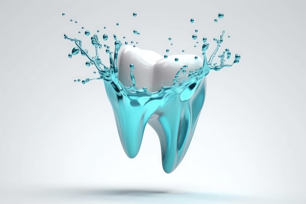 Dente 3D com esguicho de água ao redor em fundo branco IA generativa