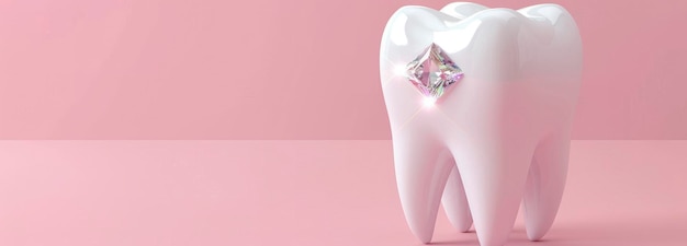 dente branco com diamante em fundo rosa bandeira para clínica dentária e serviço de ortodontia