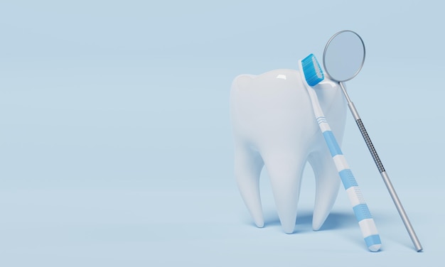 Dente com espelho de inspeção odontológica em fundo azul conceito de odontologia e saúde