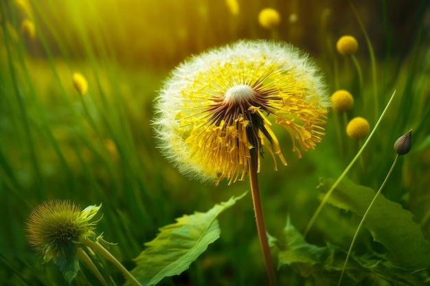 Dente-de-leão amarelo selvagem com sementes na clareira da floresta no verão generativo ai