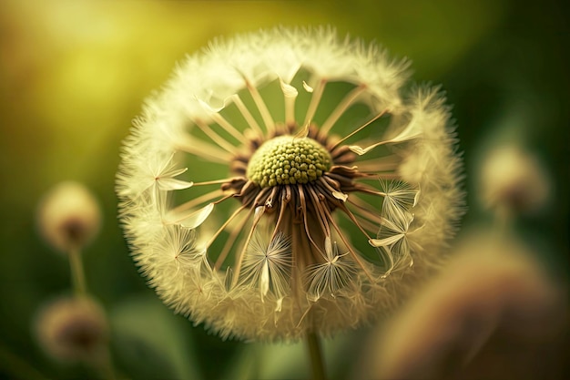 Dente-de-leão com sementes na natureza e plantas verdes fechadas em fundo desfocado generativo ai