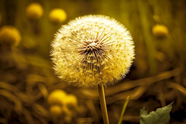 Dente-de-leão volumoso amarelo com sementes na natureza no fundo embaçado da clareira da floresta generativa ai