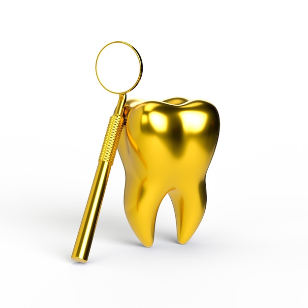 Foto dente e espelho dourados do troféu um presente para o melhor dentista renderização 3d de fundo branco isolado