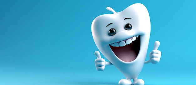 Foto dente saudável de personagem branco feliz em fundo azul ilustração de ia gerativa