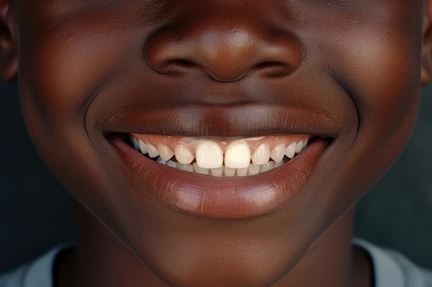 Dentes brancos de um menino preto em close-up