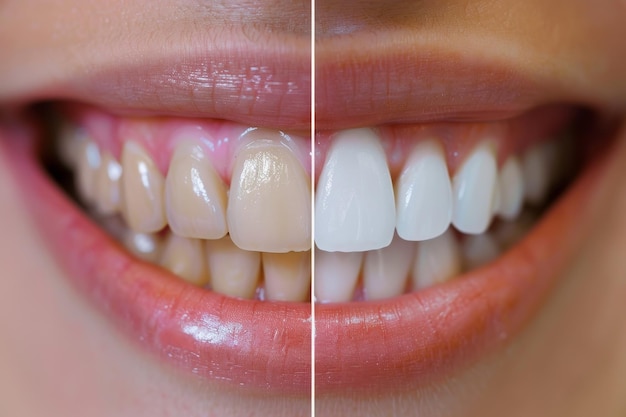 Foto dentes de uma mulher com um lado sendo uma foto de seus dentes antes de serem limpos