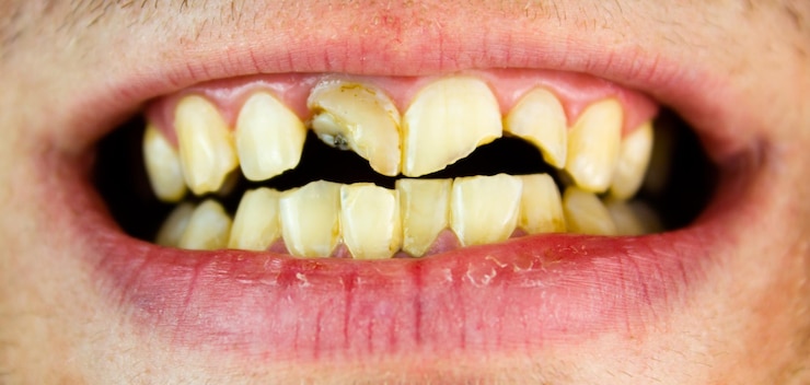 Foto dentes dianteiros quebrados na boca de um homem tratamento de restauração de trauma dental em close-up