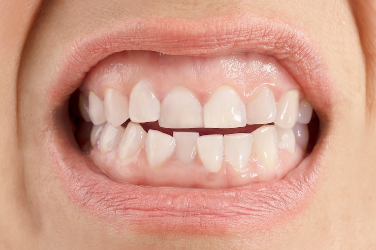 Foto dentes montados naturais de mulher caucasiana