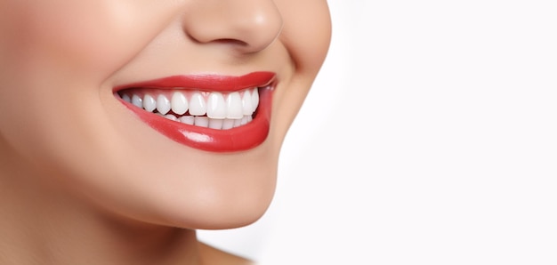 Dentes perfeitos saudáveis sorriso de uma jovem mulher dentes branqueamento