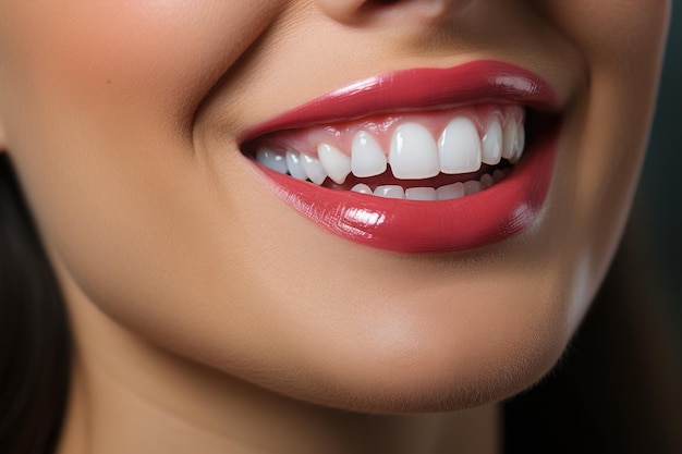 Dentes saudáveis perfeitos sorriso de mulher jovem, rosto de menina em close-up. Branqueamento dos dentes. Cuidados dentários, conceito de estomatologia.